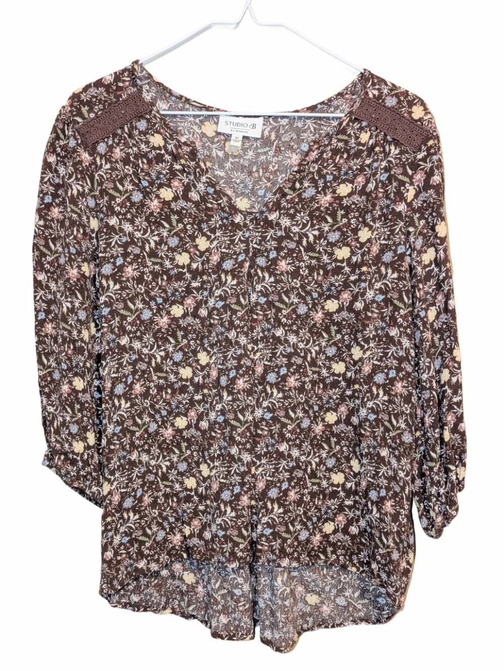 Studio Brown Floral V-Neck Blouse with Crochet Shoulders